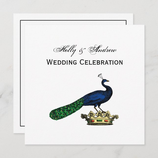 Heraldic Vintag Stylized Peacock auf Kronen C Einladung (Vorne/Hinten)