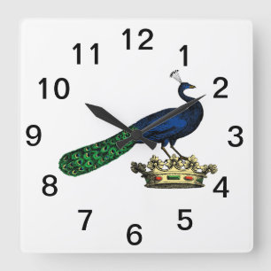 Heraldic Vintag Stylized Peacock auf Kronen C Quadratische Wanduhr