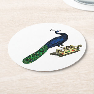 Heraldic Vintag Stylized Peacock auf Kronen C Runder Pappuntersetzer