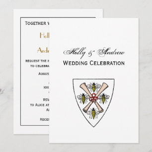 Heraldic Vintage 4 Bienen-Schriftrollen auf Schild Einladung