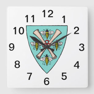Heraldische Vintage 4 Bienen-Rollen auf Schild-Wap Quadratische Wanduhr