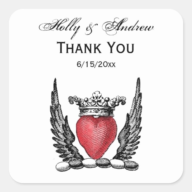 Heraldisches Herz mit Wings Coat of Arms Wappen Quadratischer Aufkleber (Vorderseite)