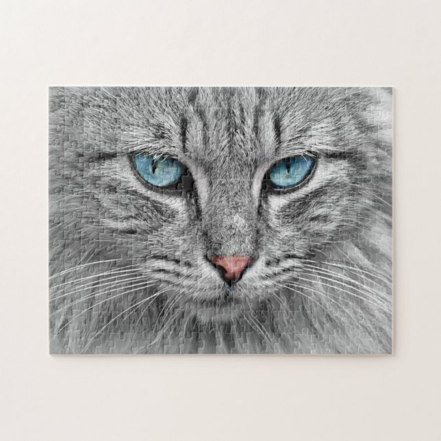 Herausforderung der grauen Tabby Katze mit blauen  Puzzle (Horizontal)