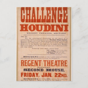Herausforderung des Vintagen Theaters von Houdini Postkarte