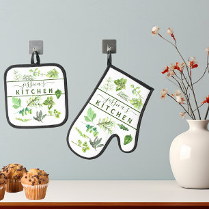 Herb Watercolor Monogram Cook Name Küche Ofenhandschuh & Topflappen-Set