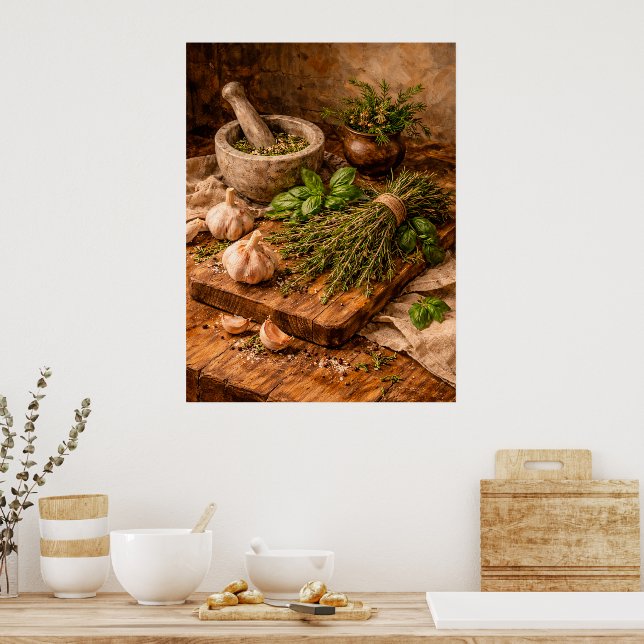 Herbs and Garlic Still Life a Rustic Culinary Poster (Küche)