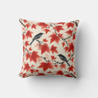 Herbst-Ahorn und Vögel Japanische Kunst Kissen