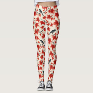 Herbst-Ahorn und Vögel Japanische Kunst Leggings