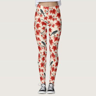 Herbst-Ahorn und Vögel Japanische Kunst Leggings