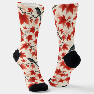 Herbst-Ahorn und Vögel Japanische Kunst Socken