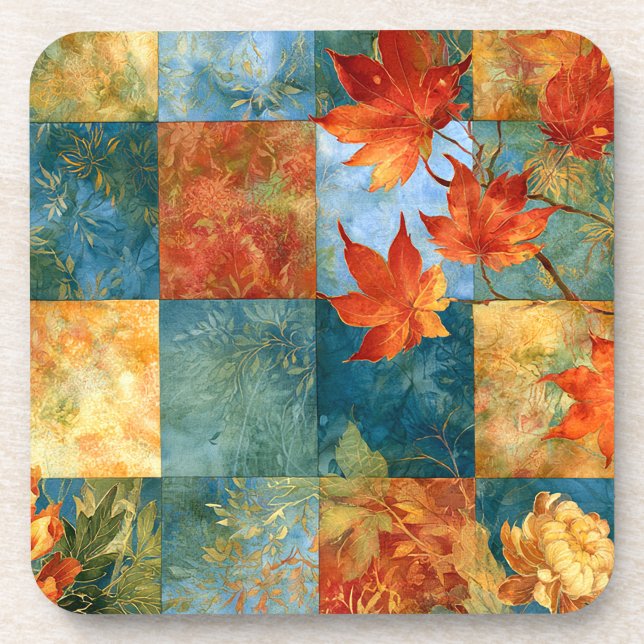 Herbst-Ahornblatt-Botanischer Patchwork Getränkeuntersetzer (Vorderseite)