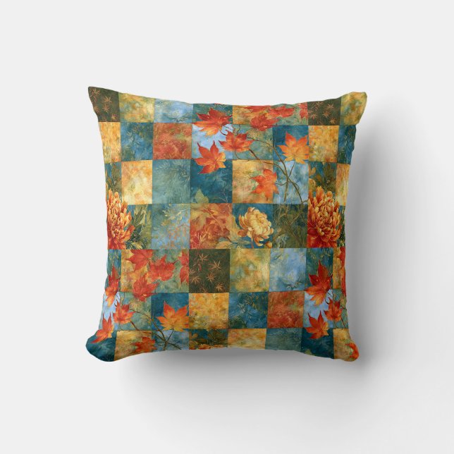 Herbst-Ahornblatt-Botanischer Patchwork Kissen (Vorderseite)