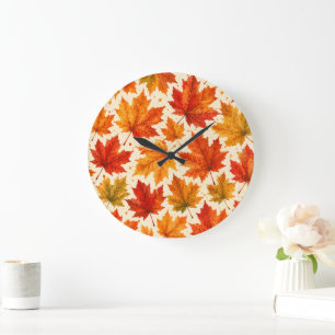 Herbst-Ahornblätter-Muster Herbst Orange-Rotes B Große Wanduhr