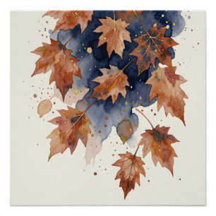Herbst-Ahornblätter Navy Gold Aquarell Poster