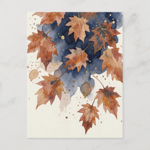 Herbst-Ahornblätter Navy Gold Aquarell Postkarte