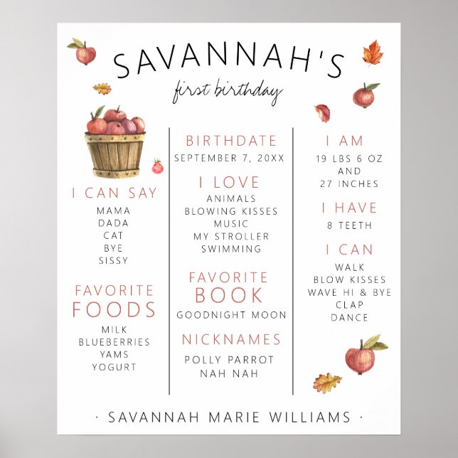 Herbst Äpfel Erste Geburtstags-Meilenstein-Poster Poster (Vorne)