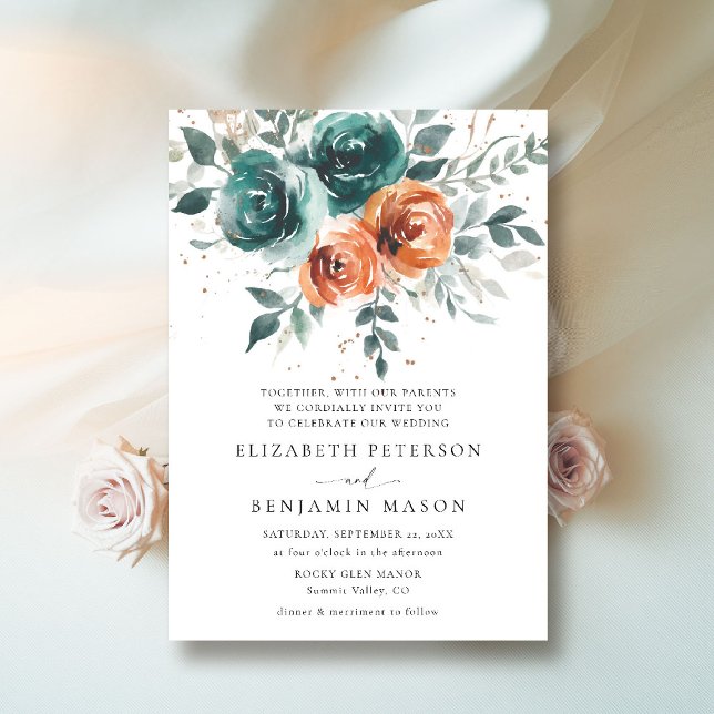 Herbst Aquamarin Burnt Orange Bohemische Hochzeit Einladung (fall wedding invitation teal burnt orange terracotta watercolor whimsical floral elegant boho)