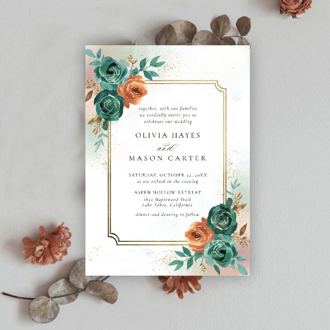 Herbst Aquamarin Burnt Orange Elegant Gold Frame W Einladung (fall wedding invitation teal burnt orange terracotta watercolor floral botanical earthy nature frame)