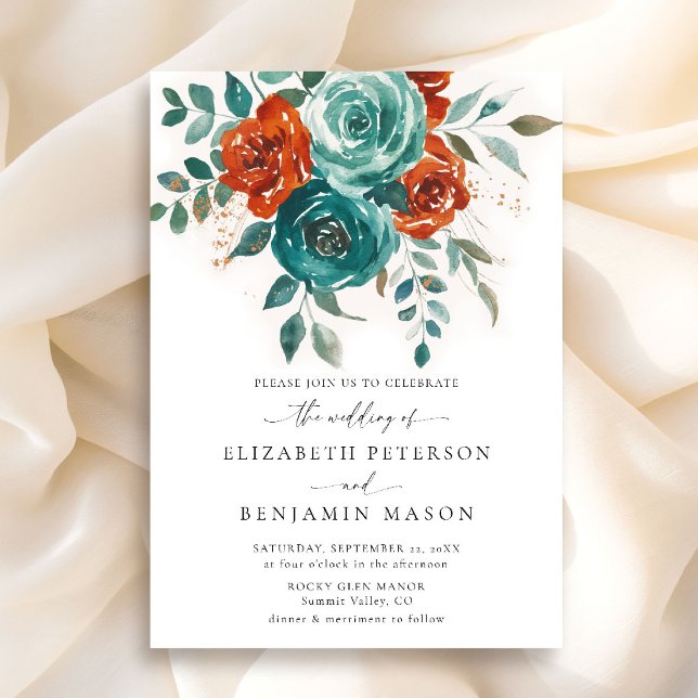 Herbst Aquamarin Burnt Orange Floral Elegante Hoch Einladung (fall wedding invitation teal burnt orange terracotta watercolor floral botanical earthy garden chic)