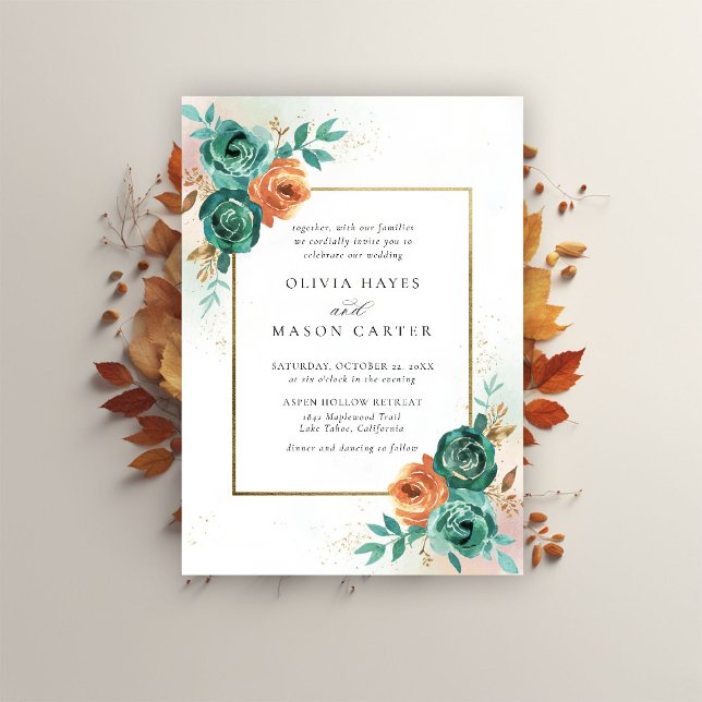 Herbst Aquamarine Burnt Orange Botanische Rahmen H Einladung (fall wedding invitation teal burnt orange terracotta watercolor floral botanical earthy nature gold )