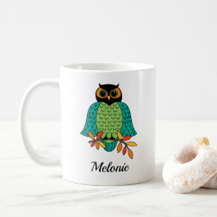 Herbst-aquamarine Eulen-mit Monogramm Name Kaffeetasse