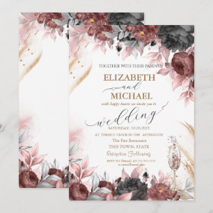 Herbst-Aquarell-Blumen Champagner-Glas Hochzeit Einladung
