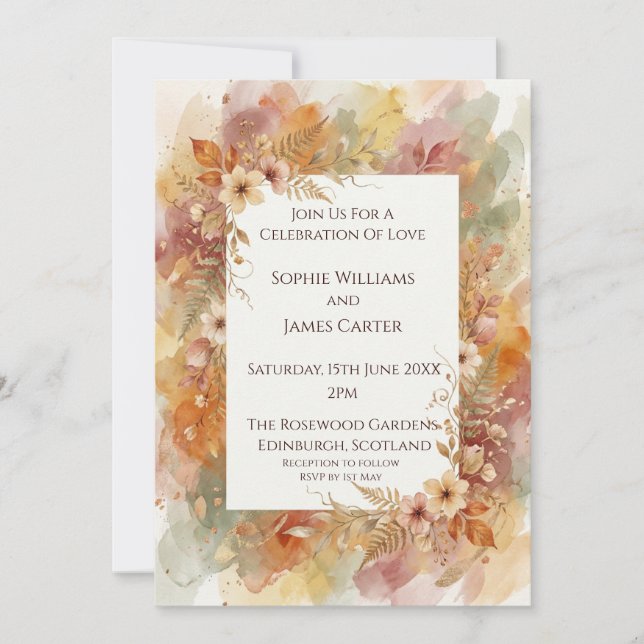 Herbst-Aquarell-Blumen-Hochzeitseinladung Einladung (Vorderseite)