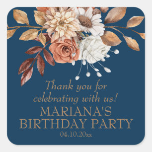 Herbst-Aquarell-Blumen Navy Blau Party-Favor Quadratischer Aufkleber