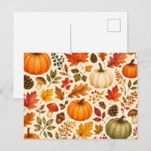 Herbst-Aquarell-Kürbisse, Herbstlaub und Wald Feiertagspostkarte