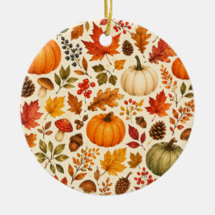 Herbst-Aquarell-Kürbisse, Herbstlaub und Wald Keramik Ornament