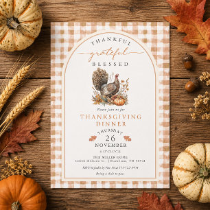 Herbst-Aquarell Truthahn Gingham Thanksgiving Einladung