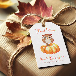 Herbst-Baby-Party Kürbis und Eule Dankeschön Geschenkanhänger