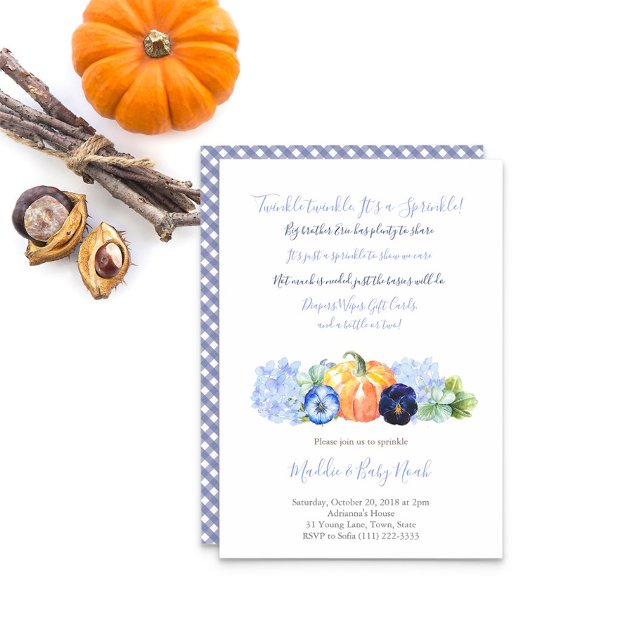 Herbst Baby Sprinkle für Junge, Pumpkinblauer Blum Einladung (Country blue floral pumpkin Baby Sprinkle Party for boy invitation)