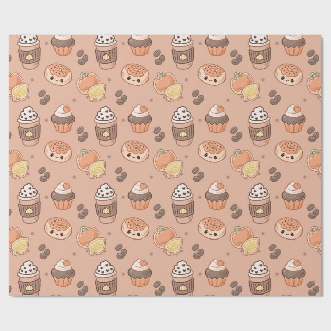 Herbst Backwaren & Kaffee Kawaii Muster Geschenkpapier (Flach)