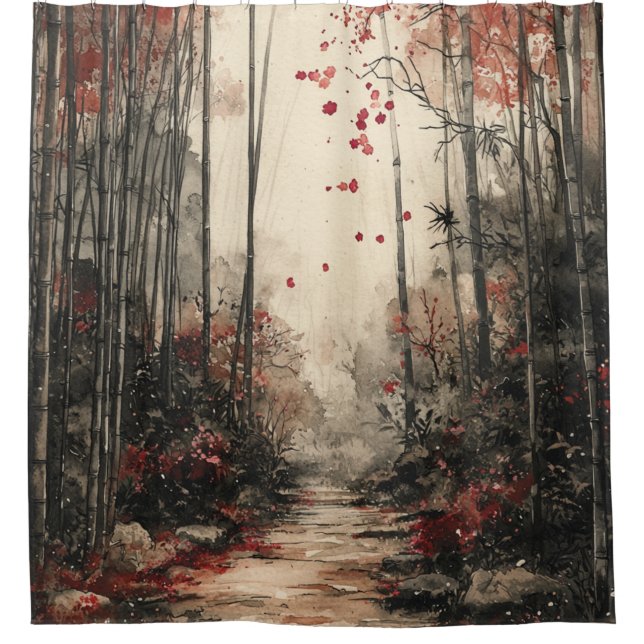 Herbst-Bambuspfad-Tuschewaschung Duschvorhang (Vorderseite)