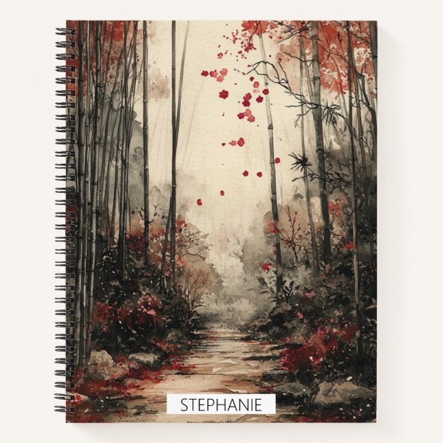 Herbst-Bambuspfad-Tuschewaschung Notizbuch (Vorderseite)