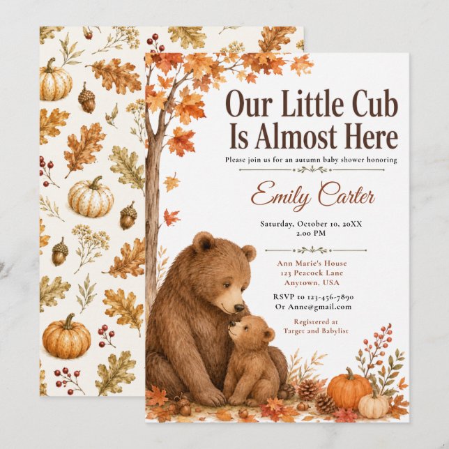 Herbst-Bär-Baby-Party Einladung (Vorne/Hinten)