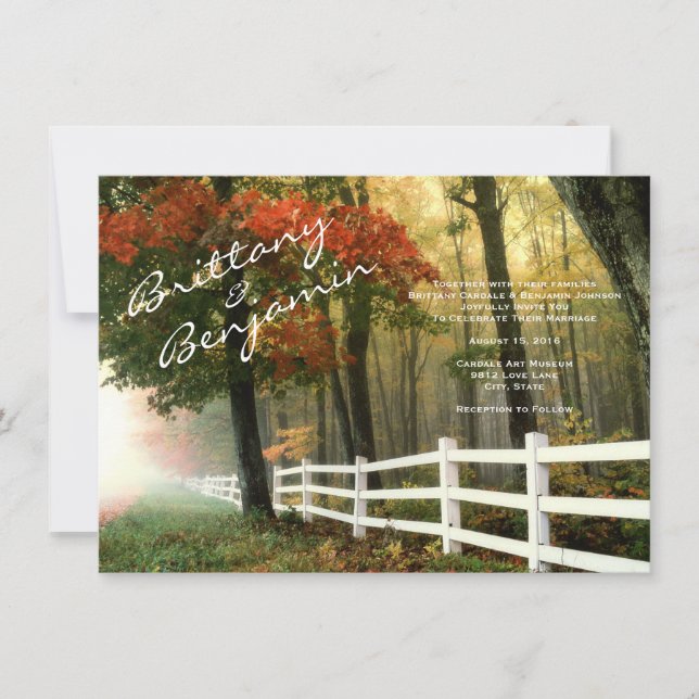 Herbst-Baum-Herbstlaub-Zaun-Hochzeits-Einladungen Einladung (Vorderseite)