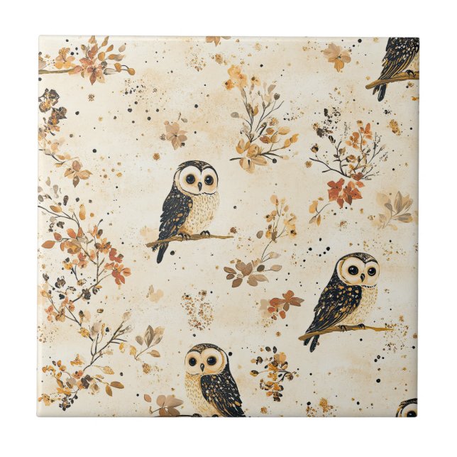 Herbst-Beige-Eule-Botanik-Waldmuster Fliese (Vorderseite)