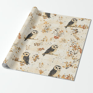 Herbst-Beige-Eule-Botanik-Waldmuster Geschenkpapier