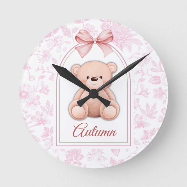 Herbst | Benutzerdefiniertes rosa Teddy-Bär-Kinder Runde Wanduhr (Vorderseite)