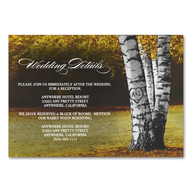 Herbst Birch Tree Hochzeitsempfang + Hotelkarten Tischnummer (Vorderseite)