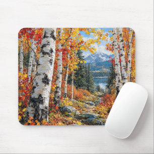 Herbst-Birkenwald mit Bergsee Mousepad