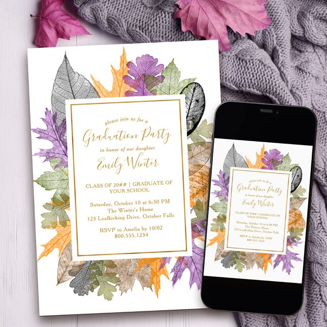 Herbst-Blätter führen Gold-Script-Abschluss Einladung (Fall Grad Party Invitation with autumn leaves to order printed or as a printable download)