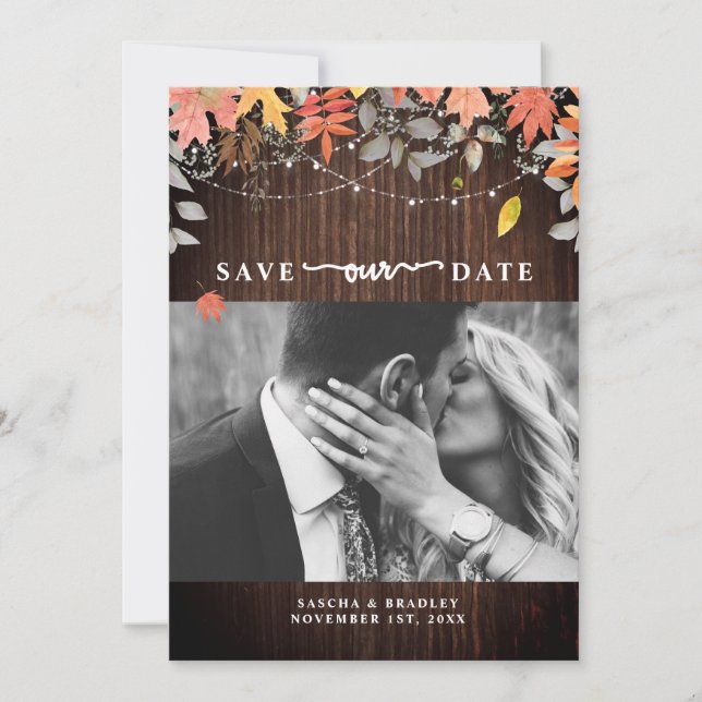 Herbst-Blätter Herbst Hochzeitsholz Foto Save The Date (Vorderseite)