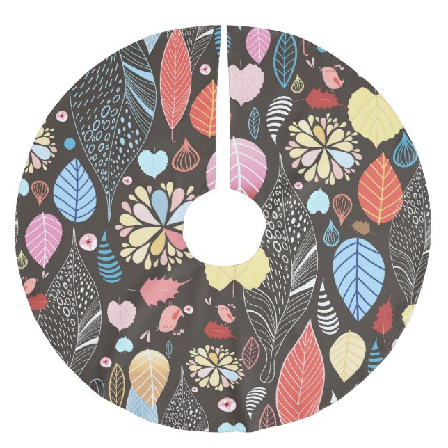 Herbst Blätter und Vögel. Polyester Weihnachtsbaumdecke (Vorderseite)