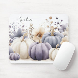 Herbst Blau und Beige Kürbisse und Blumen  Mousepad