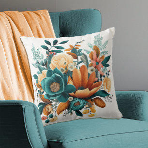 Herbst Blume Bohemisch Aquamarin Orange Kissen