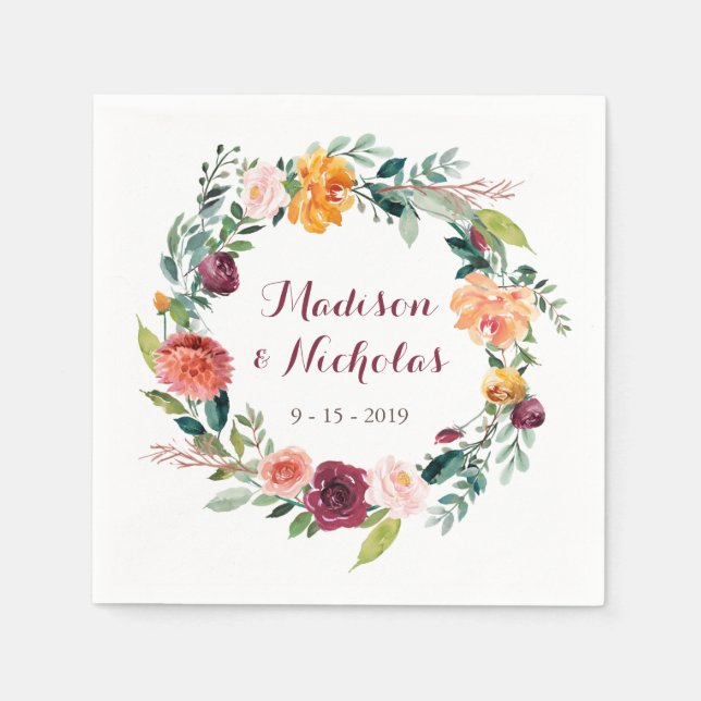 Herbst-Blume Hochzeit Napkins, Orange Maroon Pink Serviette (Vorderseite)