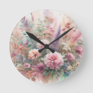 Herbst Blume in Pastellfarben Aquarellmalerei Runde Wanduhr